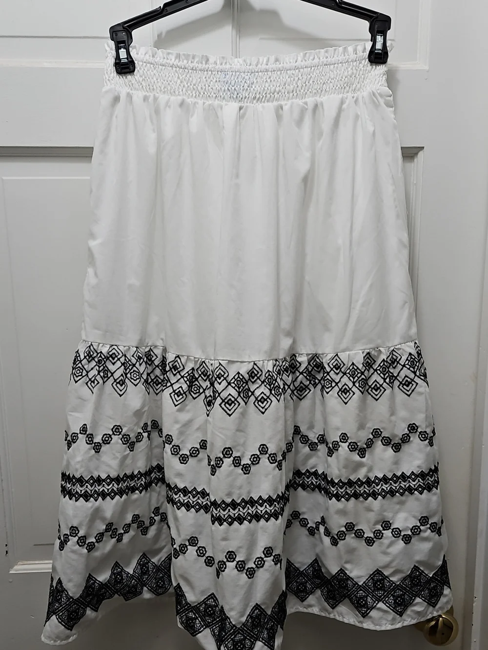 Draper James White Midi Skirt with Black Geometric Embroidery